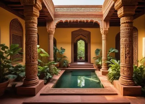 amanresorts,marrakech,riad,marrakesh,inside courtyard,haveli,hacienda,courtyard,anantara,mamounia,la kasbah,morocco,water palace,alcazar of seville,courtyards,qasr al watan,marocco,oberoi,chhatra,alhambra,Illustration,Realistic Fantasy,Realistic Fantasy 23