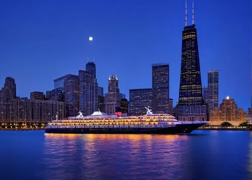 navy pier,westerdam,chicago night,chicago skyline,cruise ship,paddlewheeler,cruises,cunard,seabourn,azamara,cruiseliner,oberstar,chicago,paddle steamer,ocean liner,silversea,passenger ship,easycruise,noordam,oceanliner,Illustration,Retro,Retro 17