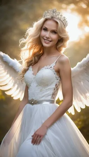 Angelic being, feminine, beautiful wings, feathery texture, pure white, gentle smile, soft glowing halo, flowing golden hair, elegant white gown, intricate lace details, sparkling silver sash, delicat