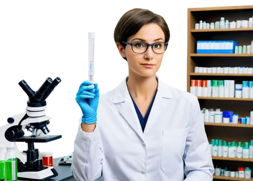 Microbiology laboratory, scientist woman, 30yo, short hair, goggles, lab coat, gloves, pipette in hand, microscope on desk, petri dishes, test tubes, colorful chemicals, shelves with medicine bottles,