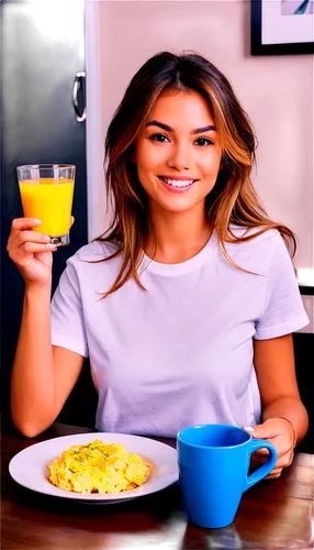 Good morning scene, breakfast setting, wooden table, white plate, golden toast, scrambled eggs, glass of orange juice, stainless steel fork, knife, spoon, delicate fingers, holding cup, gentle smile, 