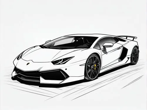 A simplified lineart drawing of a Lamborghini, with clean, bold black lines of varying thickness. The front of the car is partially rendered, with headlights and part of the hood, transitioning into a