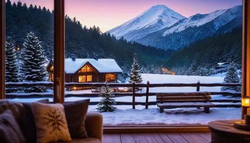 the cabin in the mountains,winter window,house in mountains,house in the mountains,snowy landscape,winter house,christmas landscape,winter landscape,snow landscape,winter background,coziness,chalet,warm and cozy,mountain hut,snowy mountains,ski resort,shuksan,zermatt,alpine style,mountain huts,Illustration,Japanese style,Japanese Style 12