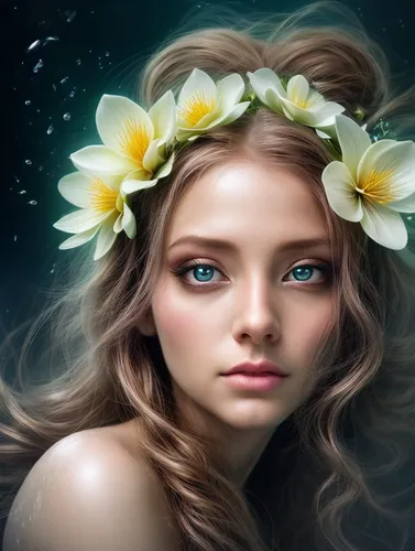 faery,faerie,elven flower,girl in flowers,dryad,flower fairy,beautiful girl with flowers,mystical portrait of a girl,mermaid background,jessamine,fantasy portrait,starflower,flower crown,fairy queen,w