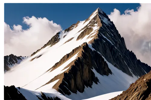 Mountain peak, snow-capped, rugged terrain, fluffy white clouds, wispy cirrus, misty atmosphere, towering height, grandeur scale, dramatic lighting, 3/4 composition, warm color tone, soft focus on clo