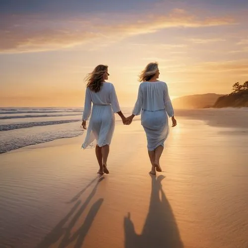 middle-aged woman walking barefoot on the beach at sunset, looking forward ,loving couple sunrise,eurythmy,walk on the beach,honeymoons,beach walk,conservatorship,caregiving,sclerotherapy,honeymooners