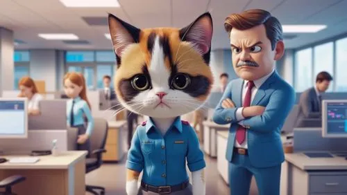 可愛的三花貓在公司被老闆罵,a fake cat and a computer character stand in front of an office,cartoon cat,kimbundu,cattery,mascotech,catsoulis,cat image,Photography,General,Realistic