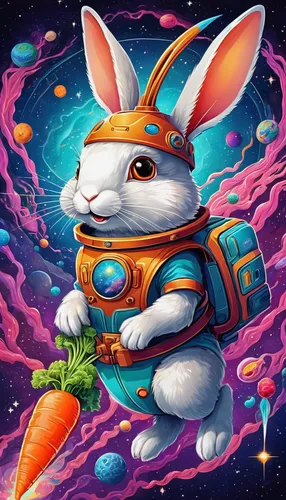 Imagine a funny cartoon rabbit with a carrot-shaped spaceship exploring outer space.,rabbit pulling carrot,rainbow rabbit,carrot pattern,big carrot,carrot,deco bunny,easter banner,bunny,carrots,carrot