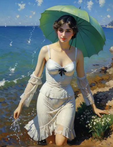 Bathing beauty. Let the motif appear as a French impressionist painting as if it had been painted by Claude Monet.,there is a beautiful woman walking on the beach,the sea maid,domergue,sorolla,lartigu