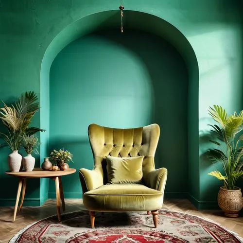 wing chair,yellow wallpaper,chaise longue,chaise lounge,moroccan pattern,danish furniture,armchair,turquoise leather,interior decor,antique furniture,settee,sitting room,upholstery,gold stucco frame,turquoise wool,interior decoration,decor,interiors,interior design,seating furniture,Photography,General,Realistic