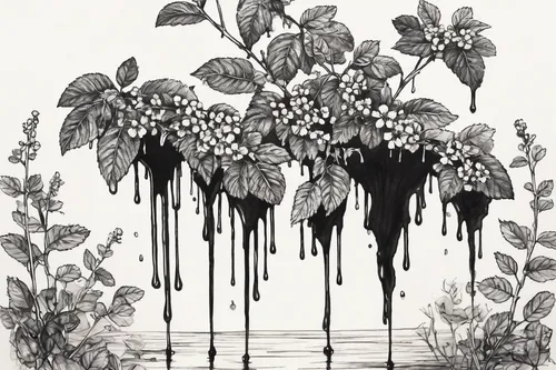 falling flowers,overgrown,fallen petals,dead leaves,botanical line art,ink painting,bleeding heart,flowers fall,rosebushes,solomon's seal,water plants,black water,black landscape,decay,coffee tea illustration,floral composition,black and dandelion,drowning,plants,wilted,Illustration,Black and White,Black and White 34