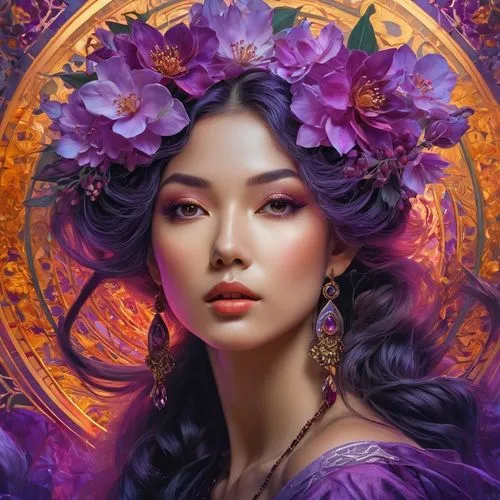 fantasy portrait,oriental princess,fantasy art,vietnamese woman,purple rose,diwata,mystical portrait of a girl,persephone,jasmine blossom,zodiac sign libra,boho art,bohemian art,fantasy picture,baoshun,oriental girl,asian woman,boho art style,asian vision,faerie,faery,Photography,General,Fantasy