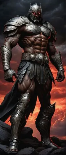 Muscular man, fearless warrior, full-body armor, metallic silver, intricate engravings, glowing red eyes, sharp claws, imposing physique, powerful stance, dark background, ominous clouds, intense ligh