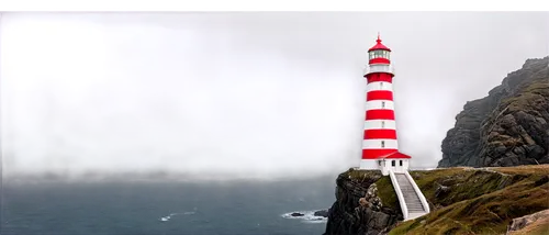 Lighthouse, towering structure, coastal scenery, solitary, majestic, white and red stripes, lantern room, Fresnel lens, iron staircase, rugged coastline, rocky foundation, misty atmosphere, dramatic l