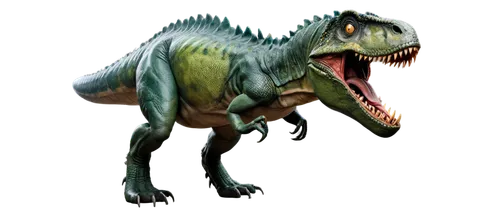 Tyrannosaurus Rex, green scaly skin, sharp teeth, fierce eyes, powerful legs, strong tail, standing upright, roaring action, morning mist, warm lighting, cinematic composition, shallow depth of field,