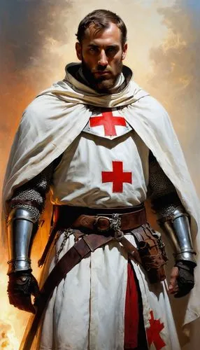 oil painting of a templar knight with a Steel Chainmail, on top a worn white tunic, a red cross painted on his chest, leather belt, short heir, manly, short beard, white linen cape, standing hero pose