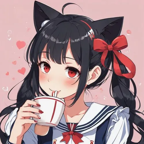 cat drinking tea,neko,sip,drinking milk,drinking coffee,nya,nyan,holding cup,strawberry drink,smug,sippy,sipp,have a drink,cocoa,cup,red mug,drinking yoghurt,cat ears,tea drinking,cuppa,Illustration,Japanese style,Japanese Style 06