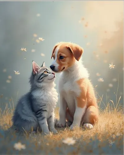 a colorful oil painting of two animal, one cat and one dog, in the style of marcin sobas, 32k uhd, animals and people, oil painter, intense light and shadow, ferrania p30,a dog and cat are facing each