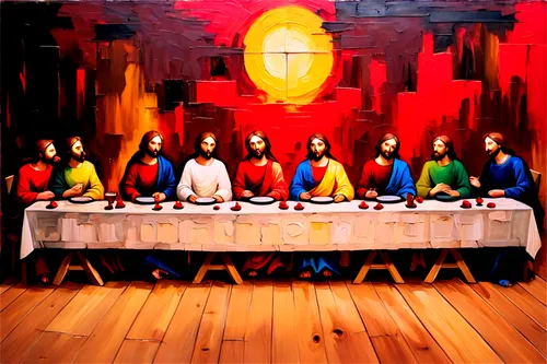 holy supper,last supper,christ feast,pentecost,synod,apostles,church painting,disciples,contemporary witnesses,round table,long table,nativity of christ,eucharist,twelve apostle,nativity of jesus,cochaired,communion,emmaus,thomanerchor,school of athens,Conceptual Art,Oil color,Oil Color 20