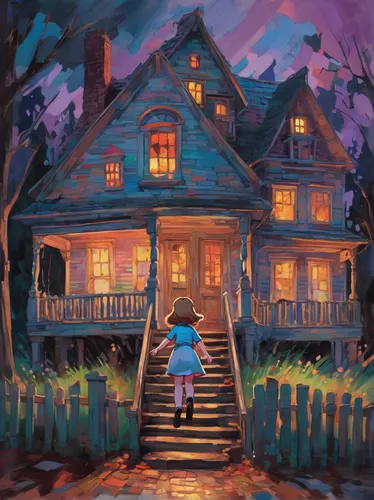 witch house,witch's house,lonely house,the haunted house,doll's house,haunted house,halloween illustration,the little girl's room,little house,the threshold of the house,halloween scene,haunted,the girl in nightie,house silhouette,the little girl,cd cover,doll house,house painting,home or lost,old home,Conceptual Art,Oil color,Oil Color 10