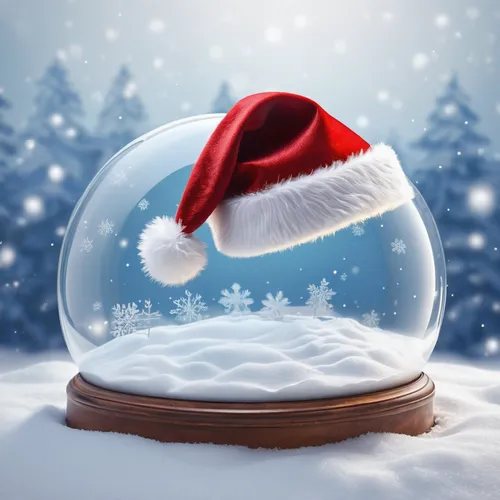 Craft an animated GIF of a transparent Santa hat floating in a snowy background,christmas globe,christmas snowy background,christmas balls background,santa's hat,christmasbackground,snow globe,snowglo