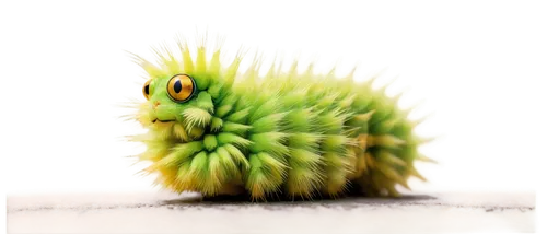 caterpillar, green body, yellow stripes, fuzzy hair, big eyes, multiple legs, crawling, leaf background, natural light, shallow depth of field, warm color tone, 3/4 composition, close-up shot, macro p