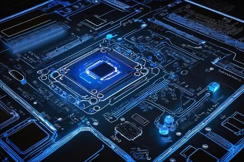 Z scaler, futuristic, sleek, metallic, robotic, complex circuitry, neon lights, holographic display, motherboard, CPU, GPU, RAM, wires, circuits, futuristic laboratory, dark background, high-tech ambi