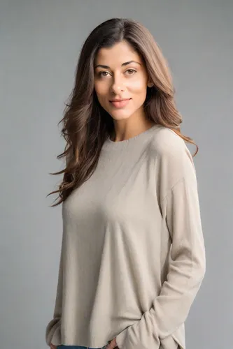 long-sleeved t-shirt,menswear for women,arab,kajal aggarwal,women clothes,persian,kajal,plus-size model,women's clothing,iranian,in a shirt,female model,girl in t-shirt,long-sleeve,grey background,portrait background,social,cotton top,girl on a white background,marina,Photography,Realistic