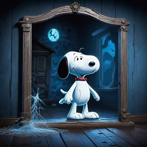 Snoopy watches a nearly invisible floating ghost coming out of a mirror in an old rustic haunter house, the room is bathed in bluish moonlight, cobwebs are all around, 3D style effect,snoopy,frankenwe