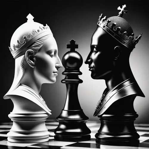 Generate an image of a black and white portrait illustrating two monochromatic chess pieces, specifically a black bishop and a white knight, sharing an embrace with tear drops falling from their eyes.