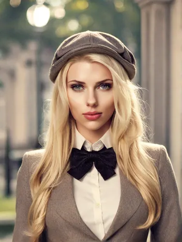 a woman,bowler hat,blond girl,bow tie,bow-tie,hatter,bowtie,beret,trilby,blonde woman,vintage girl,blonde girl,flat cap,warbler,cool blonde,vintage woman,doll's facial features,businesswoman,girl wear