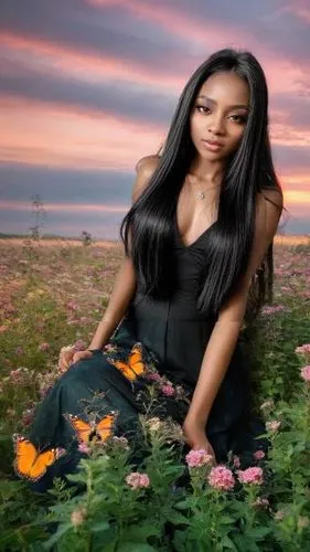 amerie,beautiful girl with flowers,flower background,flower in sunset,beautiful african american women,african american woman