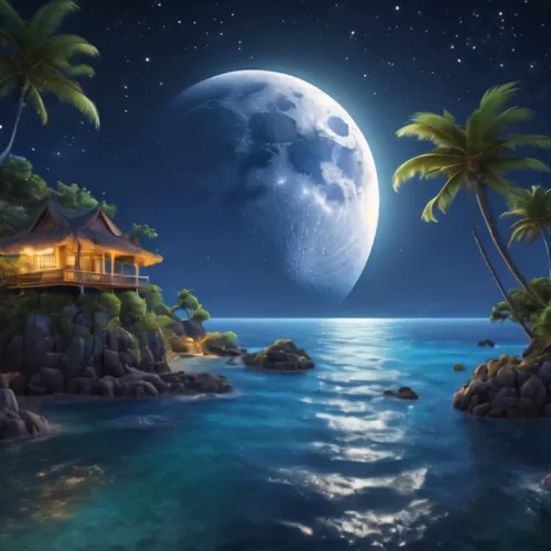 tropical house,moonlit night,moon and star background,cartoon video game background,landscape background,ocean paradise,tropical island,fantasy picture,delight island,south pacific,tropical sea,dream 