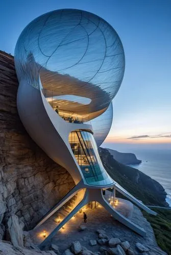 top view of an architectural masterpiece inspired by the elegant and organic form of a snail. The building should be perched on a majestic cliff, offering panoramic views of the ocean. The design shou