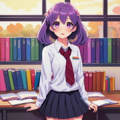 librarian,academic,bookworm,bookstore,tutor,classroom,book store,scholar,student,library,study room,school uniform,girl studying,reading,schoolgirl,school clothes,purple background,ako,library book,bookcase,Art,Artistic Painting,Artistic Painting 39