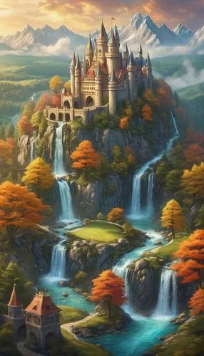 fantasy landscape,gondolin,fantasy picture,rivendell,fantasy art,fairy tale castle,elves country,autumn landscape,nargothrond,fall landscape,fantasy world,landscape background,beleriand,fairytale castle,autumn mountains,skylands,3d fantasy,fantasy city,erebor,fablehaven,Illustration,Abstract Fantasy,Abstract Fantasy 03