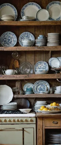 French farmhouse kitchen with a gorgeous plate rack at the heart of its shelving,vintage dishes,plate shelf,dish storage,dishware,china cabinet,cookware and bakeware,chinaware,tableware,vintage china,