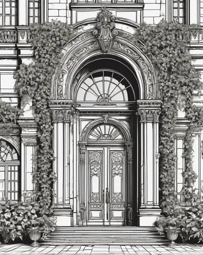 Ancient European architecture, ornate Baroque style, grandiose columns, intricate stone carvings, rusticated quoins, symmetrical façade, imposing entrance, heavy wooden doors, iron hinges, ornamental 