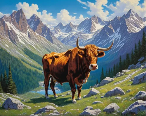 alpine cow,mountain cows,mountain cow,scottish highland cattle,oxen,highland cattle,allgäu brown cattle,highland cow,cow,simmental cattle,mountain pasture,horned cows,mountain scene,watusi cow,moo,ox,horns cow,scottish highland cow,yak,galloway cattle,Illustration,American Style,American Style 07