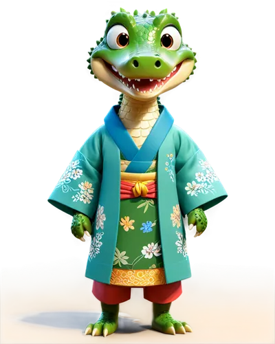 a cartoon character of a crocodile dressed in a kimono, tail, by Russell Dongjun Lu, trending on polycount, disney pixar movie, full body close-up shot, film art of character design, full body single 