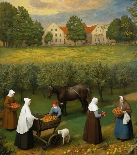 agricultural scene,girl picking apples,cart of apples,brueghel,mennonites,village scene