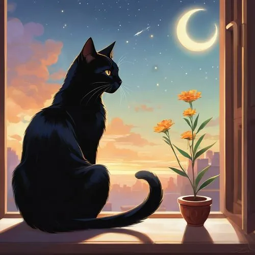 ravenpaw,dusk background,starclan,shadowclan,cat vector,windclan,skyclan,nightfall,cat frame,riverclan,bluestar,bagheera,dusk,leafstar,nightsky,jiji the cat,crescent moon,night sky,starry night,black cat,Illustration,Realistic Fantasy,Realistic Fantasy 01