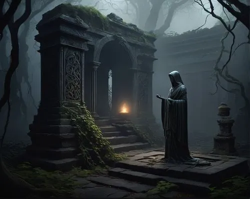 mausoleum ruins,sepulchres,mourners,shrine,sanctum,necropolis,shrines,sepulchre,sepulcher,the mystical path,crypts,monastery,monastic,old graveyard,monks,grave light,burial ground,srivatsa,ancient,conjurer,Conceptual Art,Daily,Daily 22