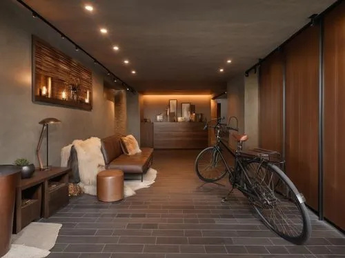 there are two bikes that are on the walls,hallway space,hallway,breezeway,mudroom,entryway,home interior,Photography,General,Realistic