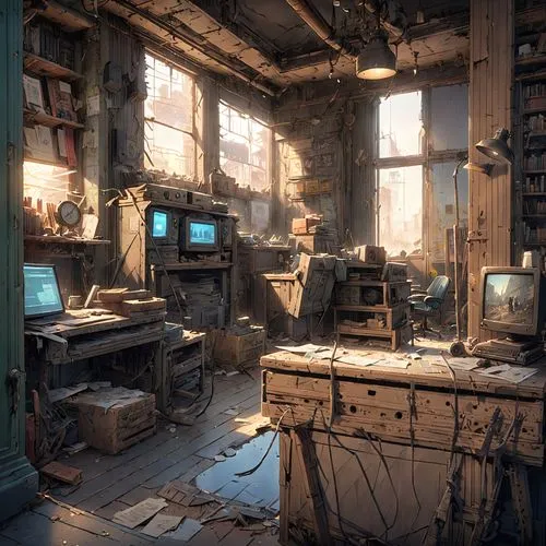 computer room,abandoned room,mailroom,bureau,computer workstation,dishonored,abandoned place,manufactory,modern office,abandoned factory,abandoned places,study room,gunkanjima,laboratory,workstations,