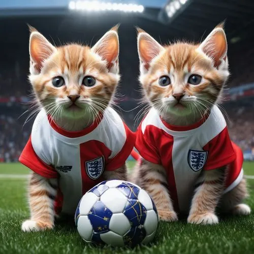 Two kittens, very cute. They are fans of the European Cup, and they are wearing the jerseys of England football players.,kits,catts,georgatos,footballs,felines,lionesses,footballers,futbol,england,foo