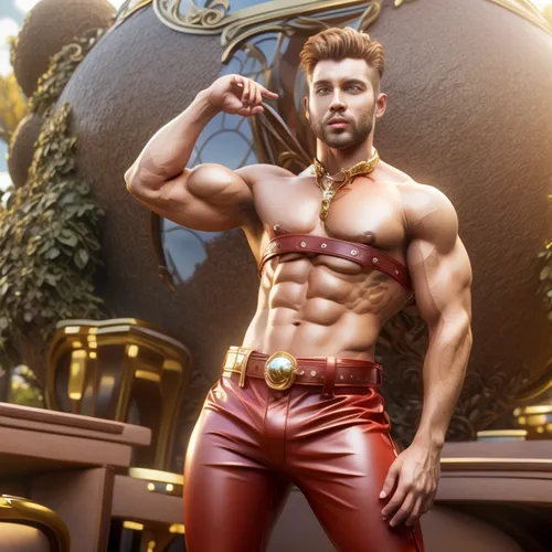 A handsome shirtless male exotic dancer wearing leather pants with a belt buckle that has his name on it,male model,bodybuilding supplement,male elf,male character,bellboy,muscle icon,statue of hercul