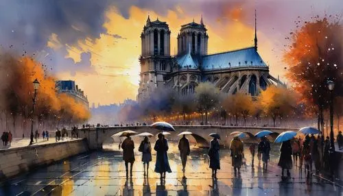 watercolor paris,notre,notre dame,notredame,notredame de paris,paris clip art,Illustration,Paper based,Paper Based 04