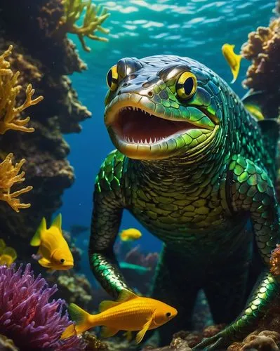 Eel-like humanoid, shiny scales, vibrant green skin, sharp teeth, glowing blue eyes, wet hair, playful pose, slapping action, comedic expression, bright coral reef, seaweed background, schools of smal