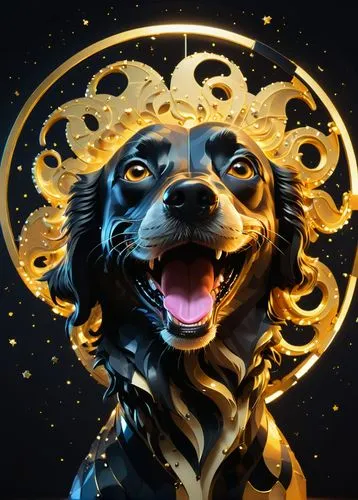 dogecoin,zodiac sign leo,dog illustration,kodi,goldlion,zira,goldenson,goldenfleece,barkus,barghuti,dogana,black and gold,spaniel,madra,zodiac sign libra,golcuk,portrait background,sparapet,bandana background,puli,Conceptual Art,Sci-Fi,Sci-Fi 15